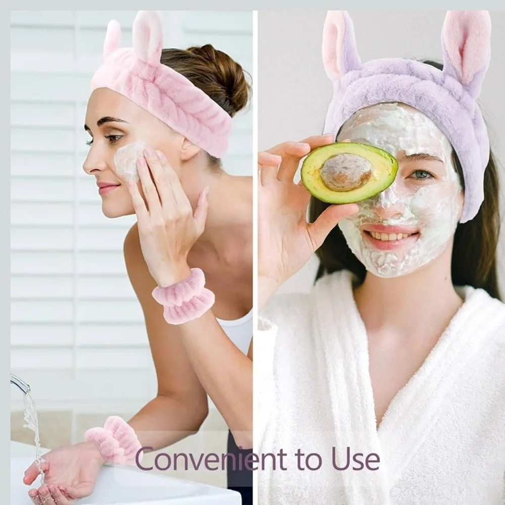 Pink Bunny Ear Spa Headband & Wristbands Set Face Washing Skincare Makeup, [New]